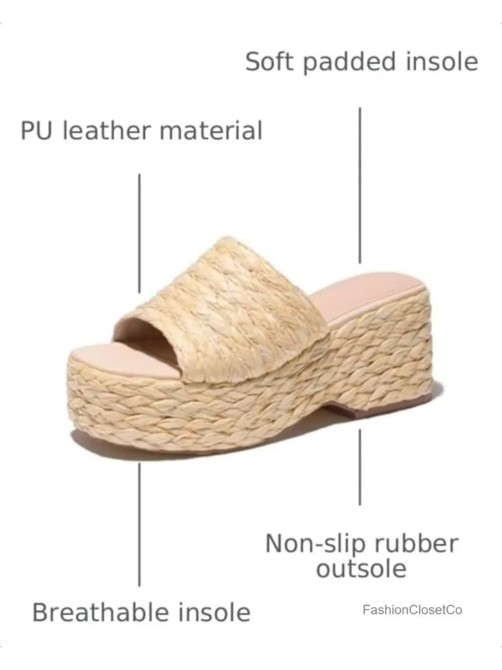 Platform Espadrille Sandals, Slip On Wedges, Open Toe Beach Sandals with PU